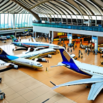 **

A bustling international airport terminal in Bangkok, Thailand. Focus on diverse passengers, airplanes with various airline liveries taking off and landing. Showcase the modern architecture and the feeling of global connectivity and economic activity. Emphasize the vibrant energy and movement. Day time.

**