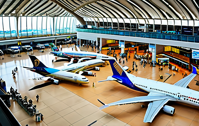**

A bustling international airport terminal in Bangkok, Thailand. Focus on diverse passengers, airplanes with various airline liveries taking off and landing. Showcase the modern architecture and the feeling of global connectivity and economic activity. Emphasize the vibrant energy and movement. Day time.

**